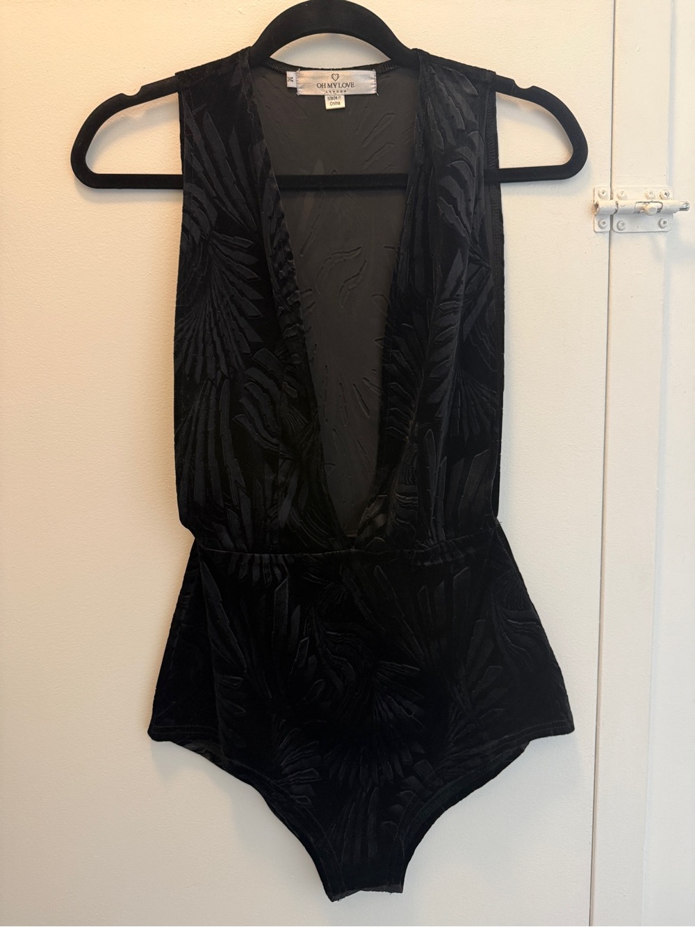 Oh My Love Black Velvet-Texture Bodysuit